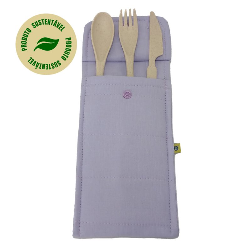 Conjunto de 3 Talheres Bege com Porta Talher Tecido Lilas