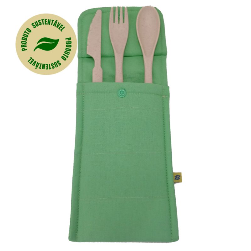 Conjunto de 3 Talheres Bege com Porta Talher Tecido Verde